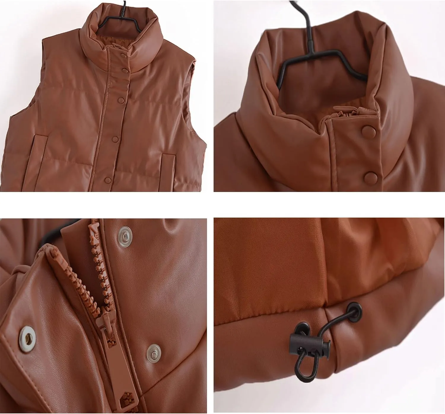 Zontroldy PU Leather Quilted Puffer Vest Women Stand Collar Zip Up Sleeveless Padded Lightweight Jacket Vest Waistcoat