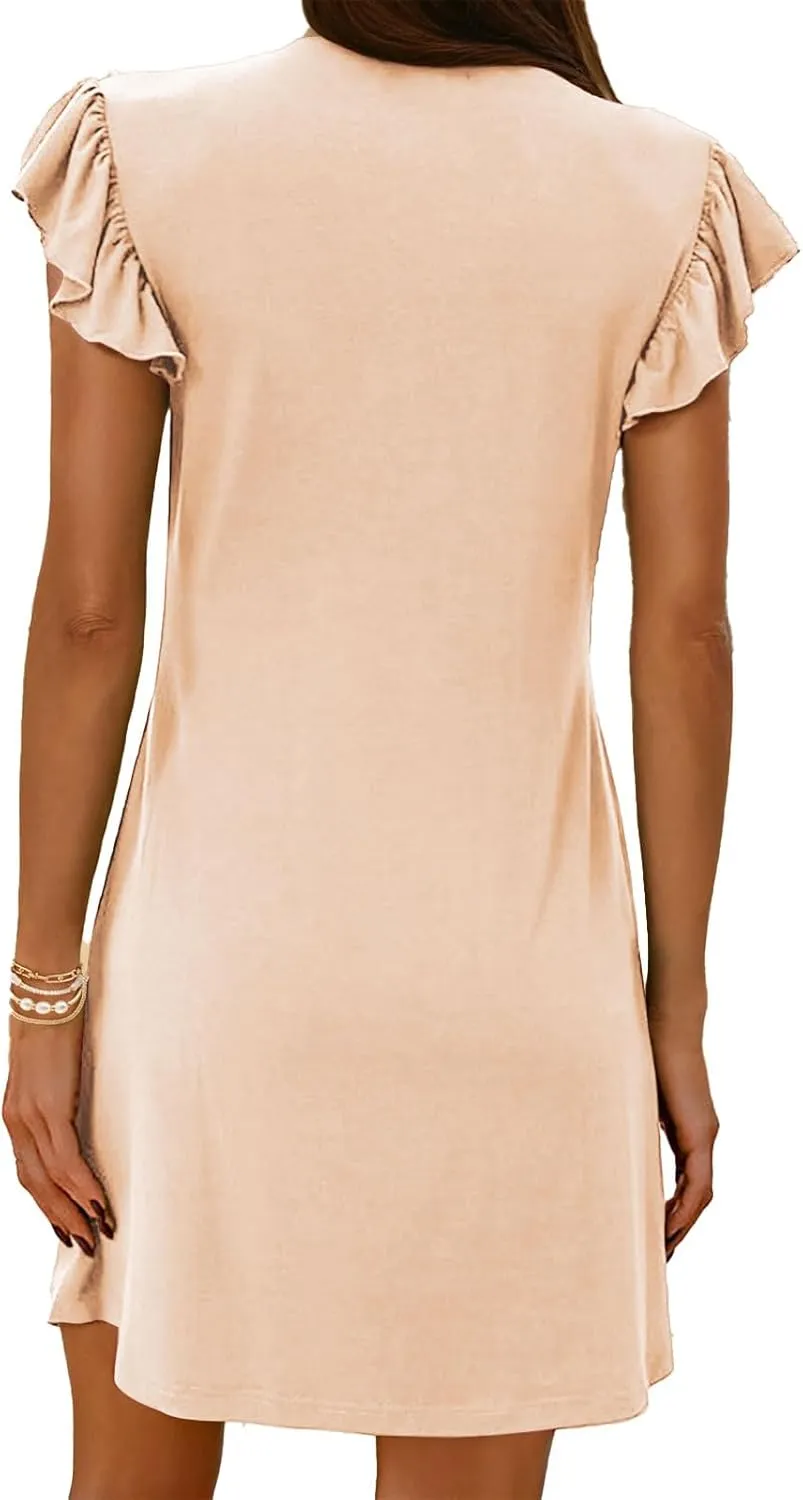 ZWRXW Women's Summer Dresses 2025 Elegant Ruffle Sleeve Mini Dresses Casual Deep V Neck Loose Sundress Vacation Beach Dress