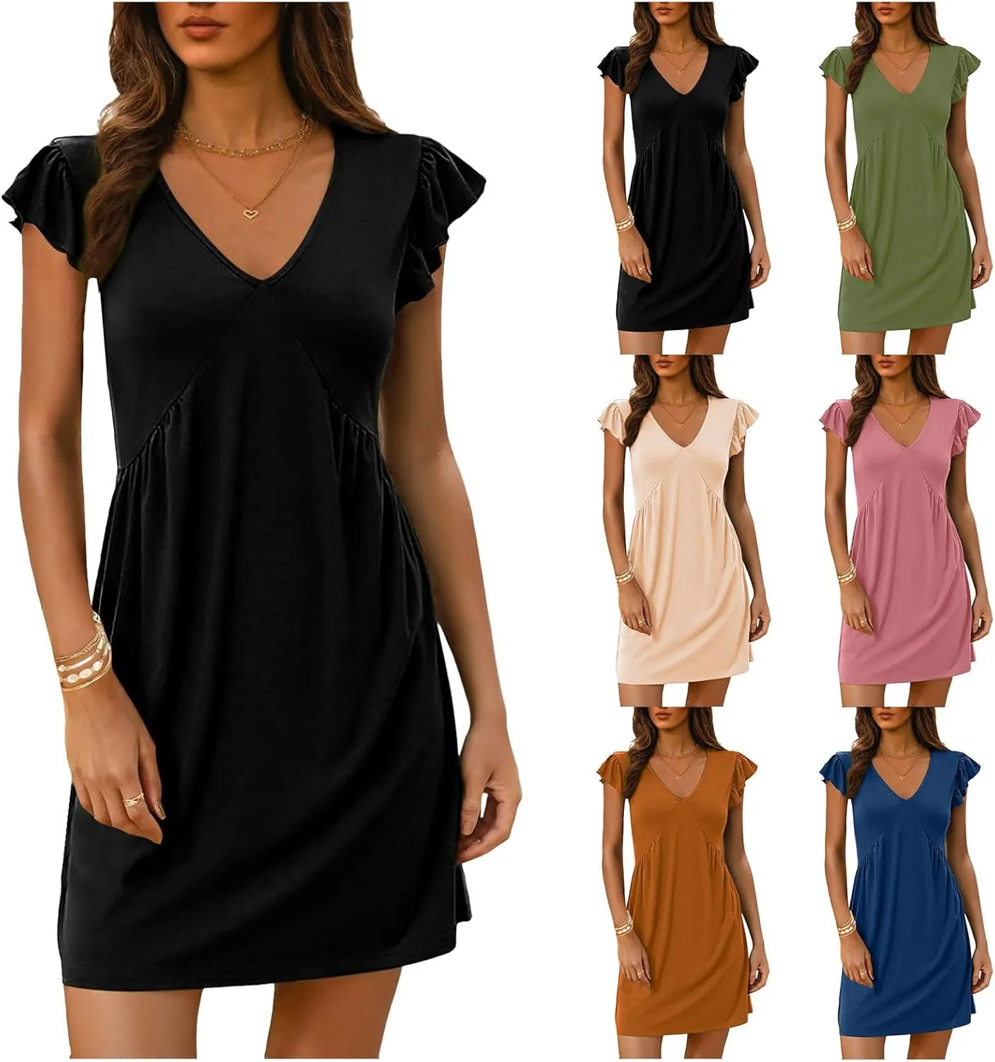 ZWRXW Women's Summer Dresses 2025 Elegant Ruffle Sleeve Mini Dresses Casual Deep V Neck Loose Sundress Vacation Beach Dress