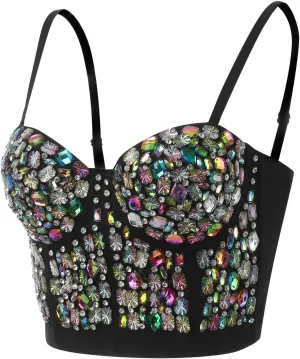 ZYXTIM Women's Rhinestone Diamond Push up Bustier Sexy Sequins Crop Top Fashion Punk Corset Bra Adjustable Strap
